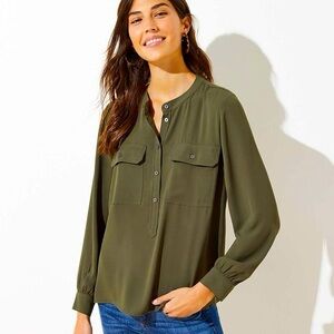 NWT LOFT Henley Utility Blouse Vibrant Olive size Large STYLE #516935